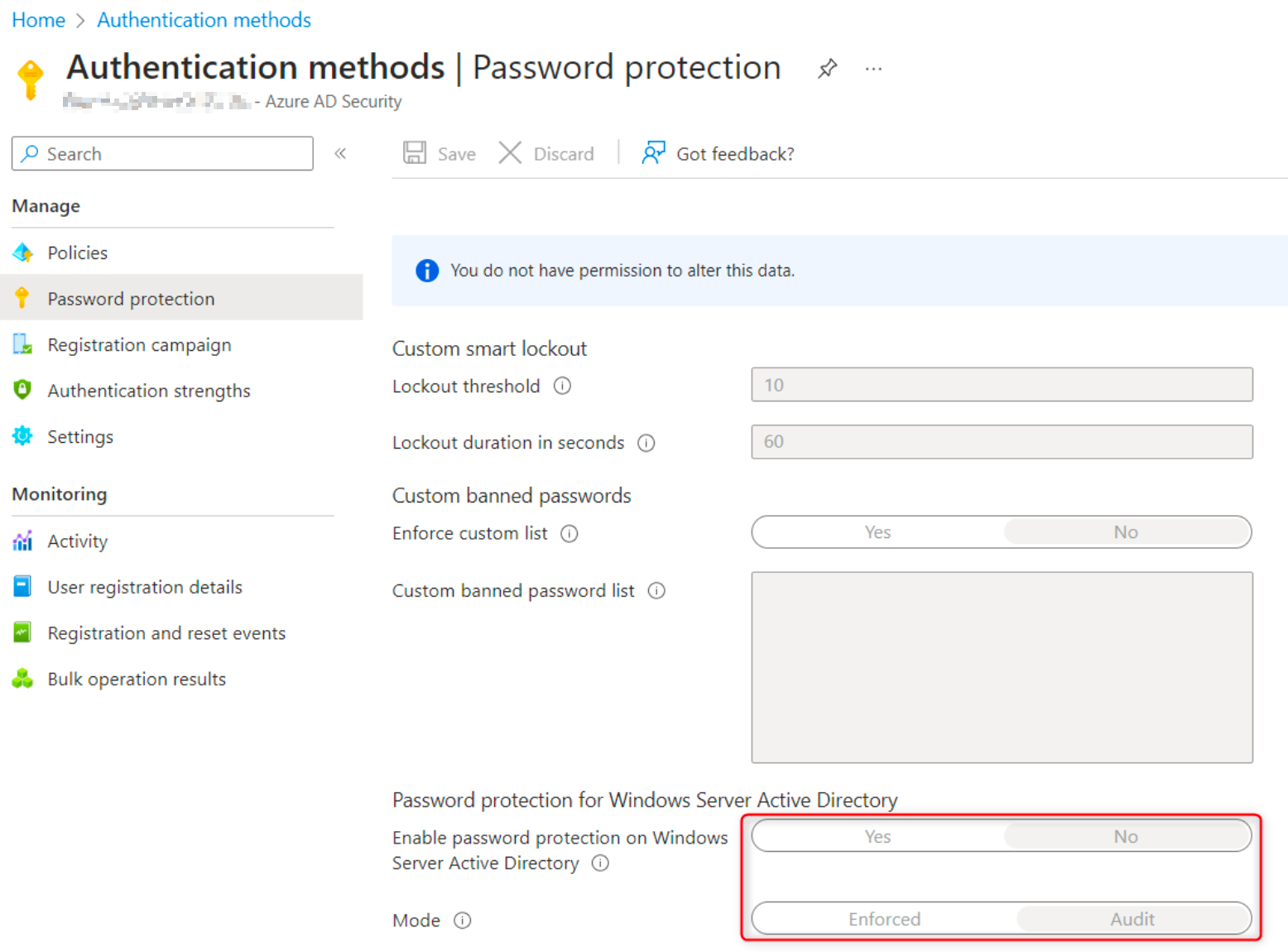 password protection is enabled for on-prem Active Directory